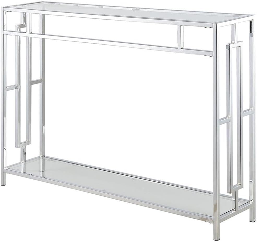 Convenience Concepts Town Square Chrome Console Table 42' - Contemporary Modern Sofa Table with Storage Shelf, Narrow Entryway Hall Table for Living Room, Bedroom, Bathroom, Glass/Chrome