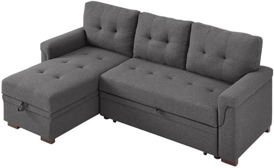 BOWERY HILL Steel Gray Linen Reversible Sectional Sleeper Sofa with Storage, Cotton Blend Upholstery, Pull-Out Bed, Tufted Cushions, Modern Design for Living Room, Small Space Furniture, 3-Seater