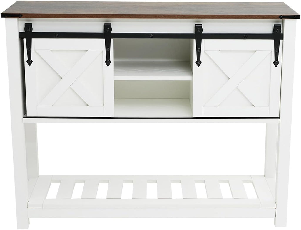 White Farmhouse Entryway Table, Rustic Hallway Table with Storage Shelf, Sofa Table with Sliding Barn Doors for Hallway, Entryway, Living Room, Foyer