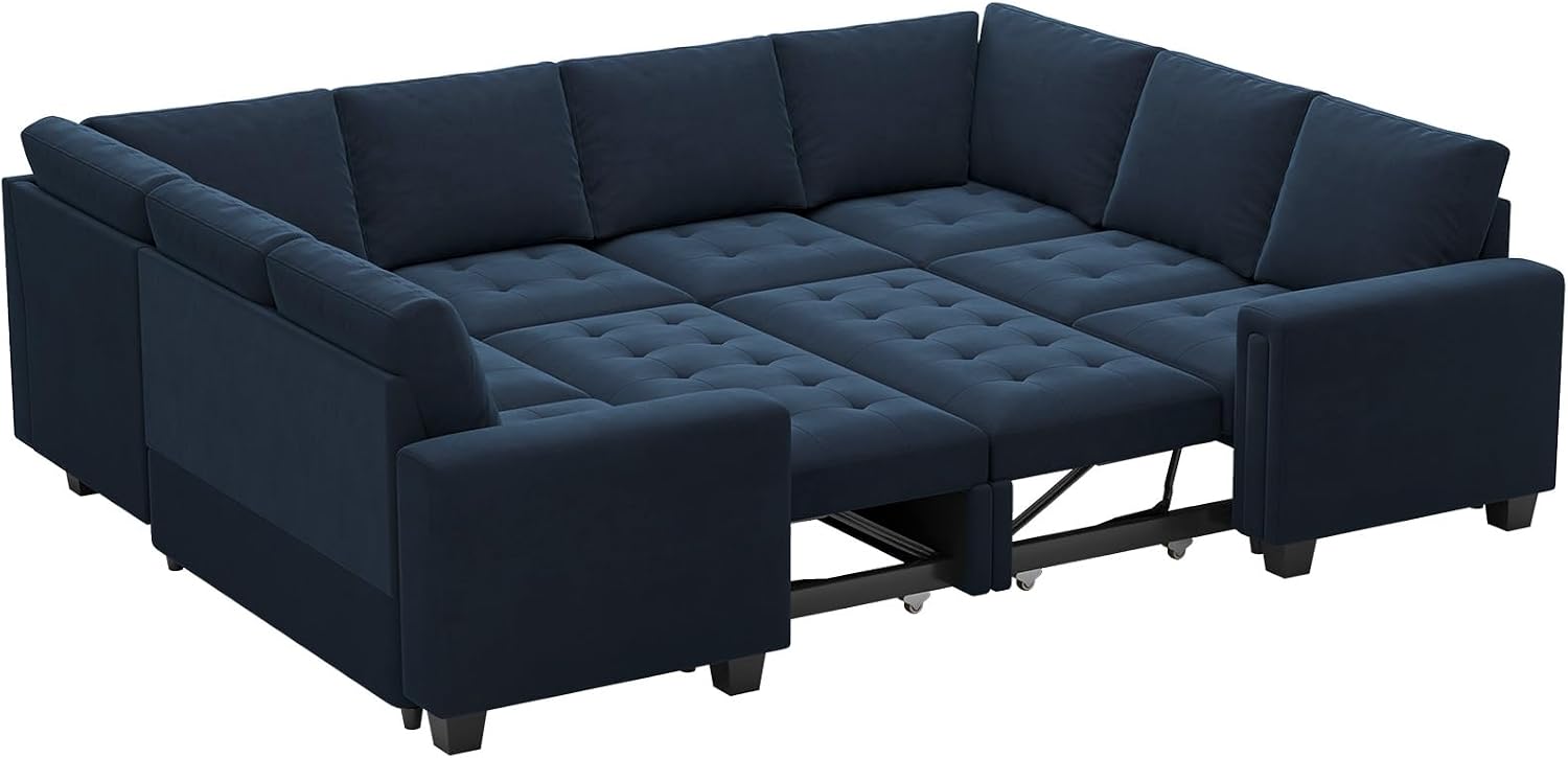Belffin Modular Sectional Sleeper Sofa with Pull Out Couch Bed Oversized U Shaped Sectional Couches for Living Room Velvet Modular Sleeper Sofa Bed Blue
