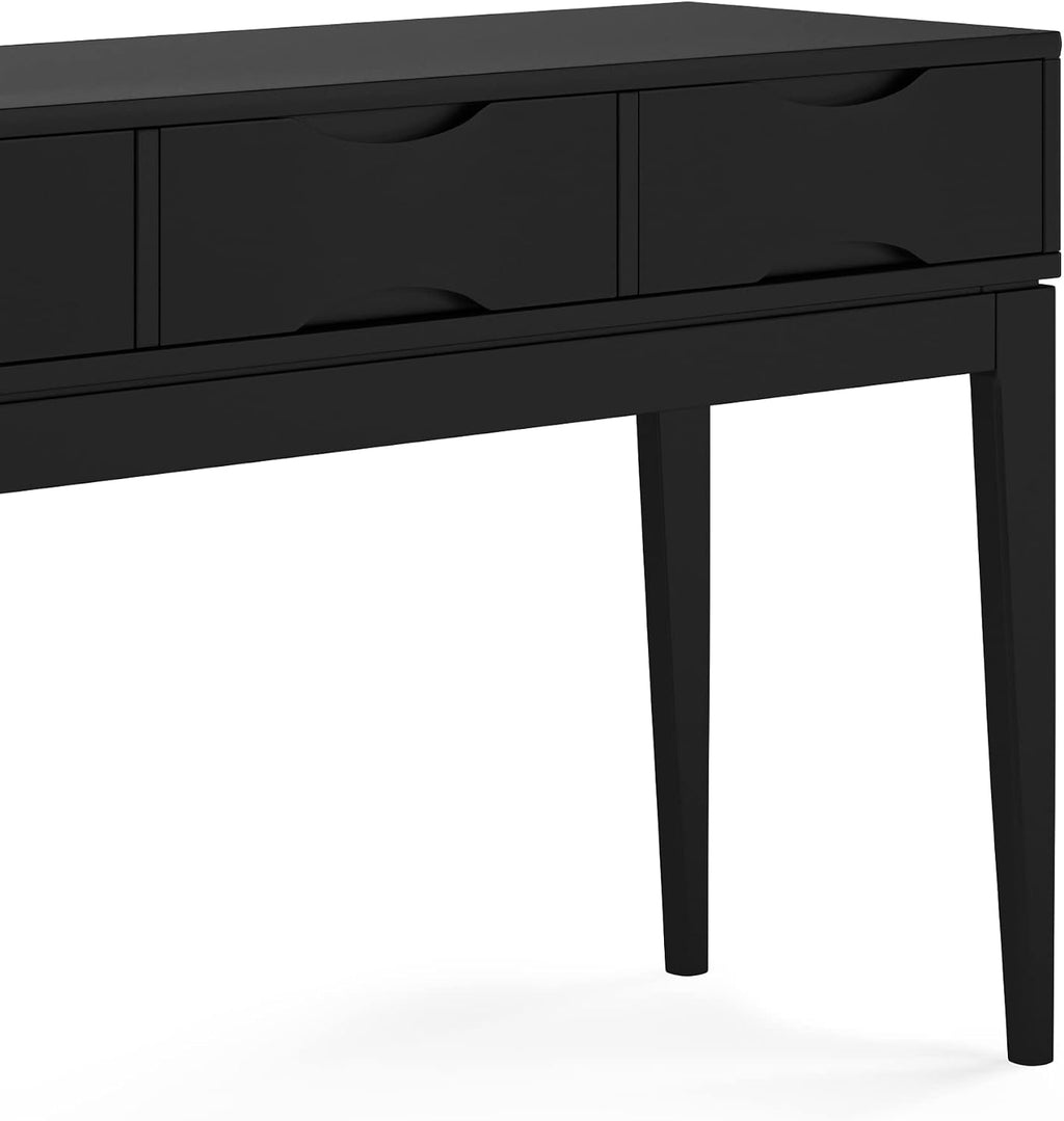 SIMPLIHOME Harper Console Table - 54 Inch Wide Solid Hardwood Sofa Table in Black, Mid-Century Modern Storage Table for Entryway or Living Room with 3 Drawers, Notched Handles, and Tapered Legs