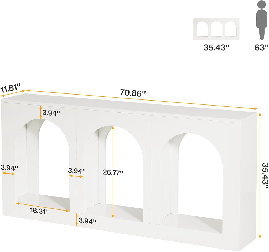 Tribesigns 70.9' White Console Table with Storage, Wood Entryway Entry Table with 3 Arched Shelves for Foyer, Hallway, Living Room, Behind Couch Sofa, Narrow Long