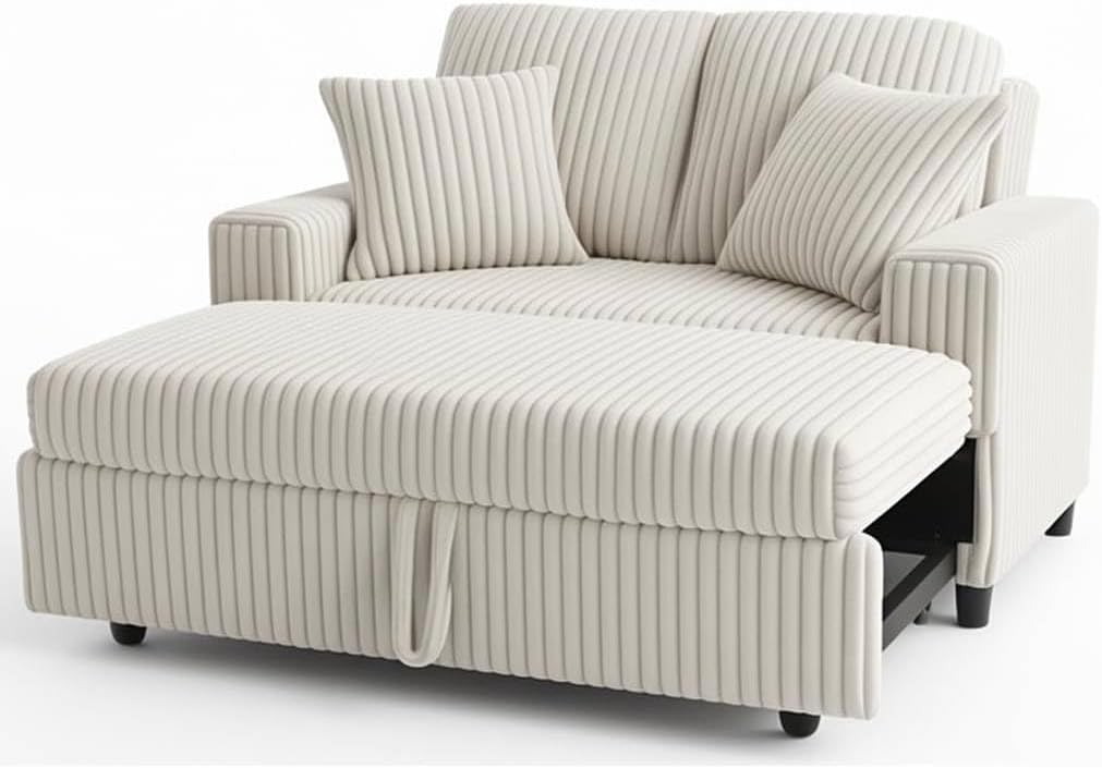 3 in 1 Convertible Sofa Bed，52.8' Pull Out Couch with Side Pockets，Modern Corduroy Fabric Loveseat Sleeper Sofa with Adjustable Backrest for Living Room Bedroom Apartment (Beige Corduroy)