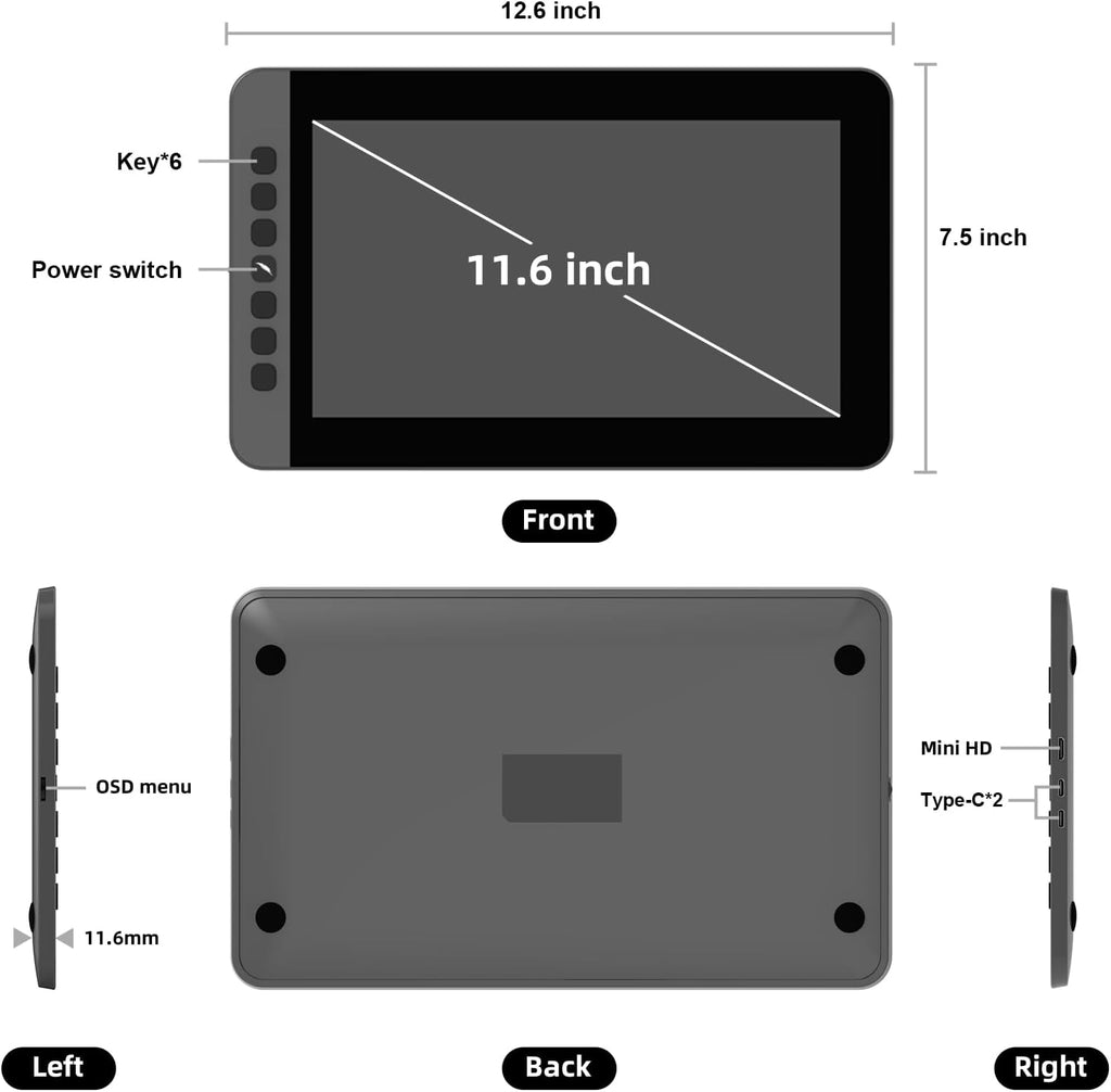 11.6 Inch Drawing Tablet with Screen, Full-Laminated Anti-Glare Graphics Drawing Monitor, 127% sRGB, 8192 Pressure Stylus Pen, Compatible with Windows/Mac Major Design Software