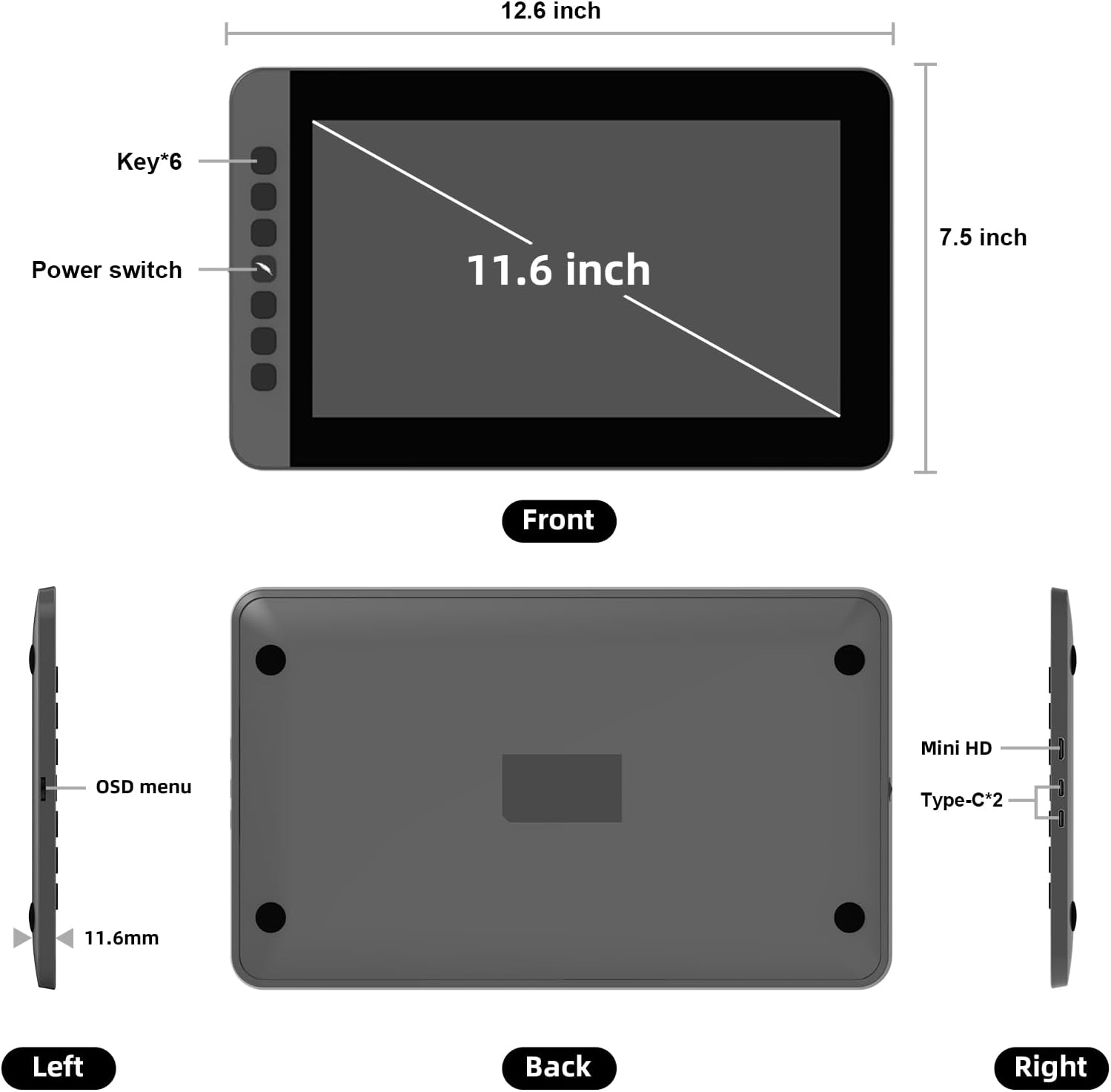 11.6 Inch Drawing Tablet with Screen, Full-Laminated Anti-Glare Graphics Drawing Monitor, 127% sRGB, 8192 Pressure Stylus Pen, Compatible with Windows/Mac Major Design Software