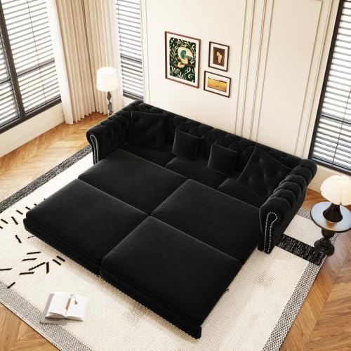KEIKI 3-in-1 Velvet Chesterfield Sofa Bed with Ottoman, 89' Convertible King Size Sleeper Couch, Rolled Arm 3-Seater Sofa for Living Room or Bedroom, Black