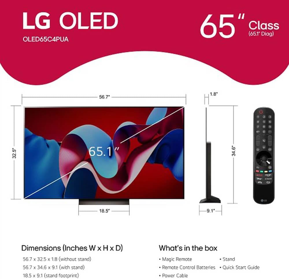 LG (Refurbished 65-Inch Class OLED evo C4 Series Smart TV 4K Processor Flat Screen with Magic Remote AI-Powered with Alexa Built-in (OLED65C4PUA, 2024), CRT2LGOLED65C4PUA (Renewed)