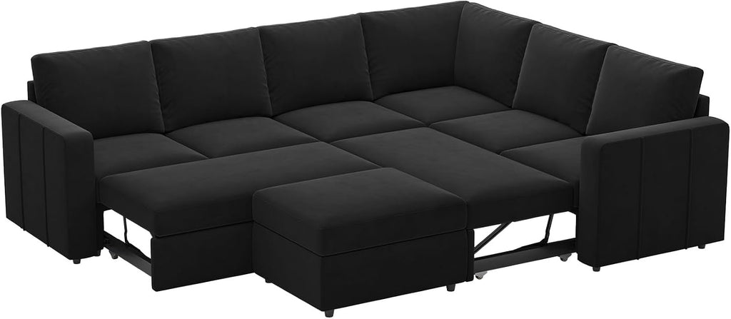 Belffin Modular Sectional Sleeper Couch with Pull Out Sofa Bed Velvet Convertible L Shaped Sectional Sofa with Storage Ottoman for Living Room Black