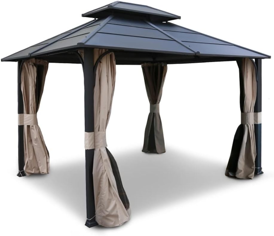 12 Ft. W X 14 D Metal Black 2-Tier Roof Patio Gazebo with Curtains and Netting(12 ft. x 10 ft)