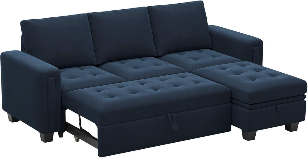 Belffin Sectional Sleeper Sofa with Pull Out Couch Bed Modular Sectional Sofa with Storage Velvet L Shaped Couch Sleeper Bed Blue