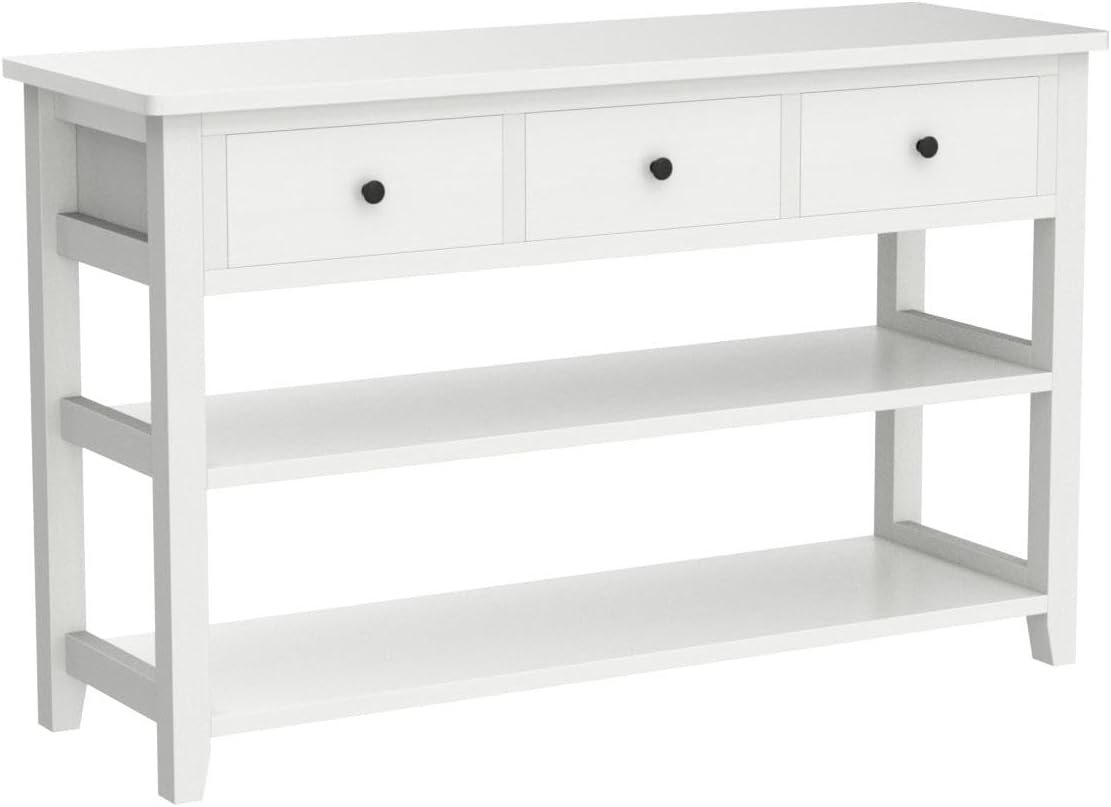 Karl home Console Table Entryway Desk, Sofa Side Table with 3 Drawers 2 Bottom Storage Shelves, Vintage TV Stand for Hallway Living Room Office, Antique White 29.9' H