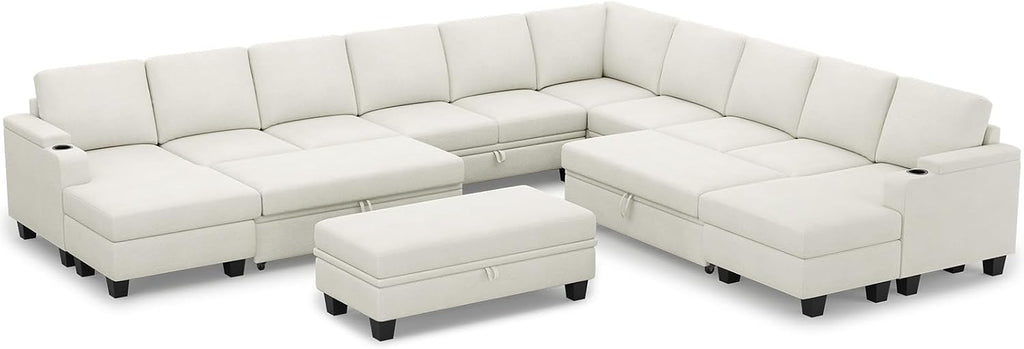 Belffin Oversized U Shaped Modular Sectional Sleeper Sofa with Large Ottoman Convertible Double Chaise Corner Couch with Pull Out Bed. White Sofa