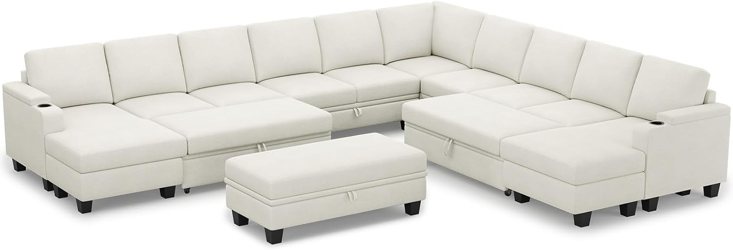 Belffin Oversized U Shaped Modular Sectional Sleeper Sofa with Large Ottoman Convertible Double Chaise Corner Couch with Pull Out Bed. White Sofa