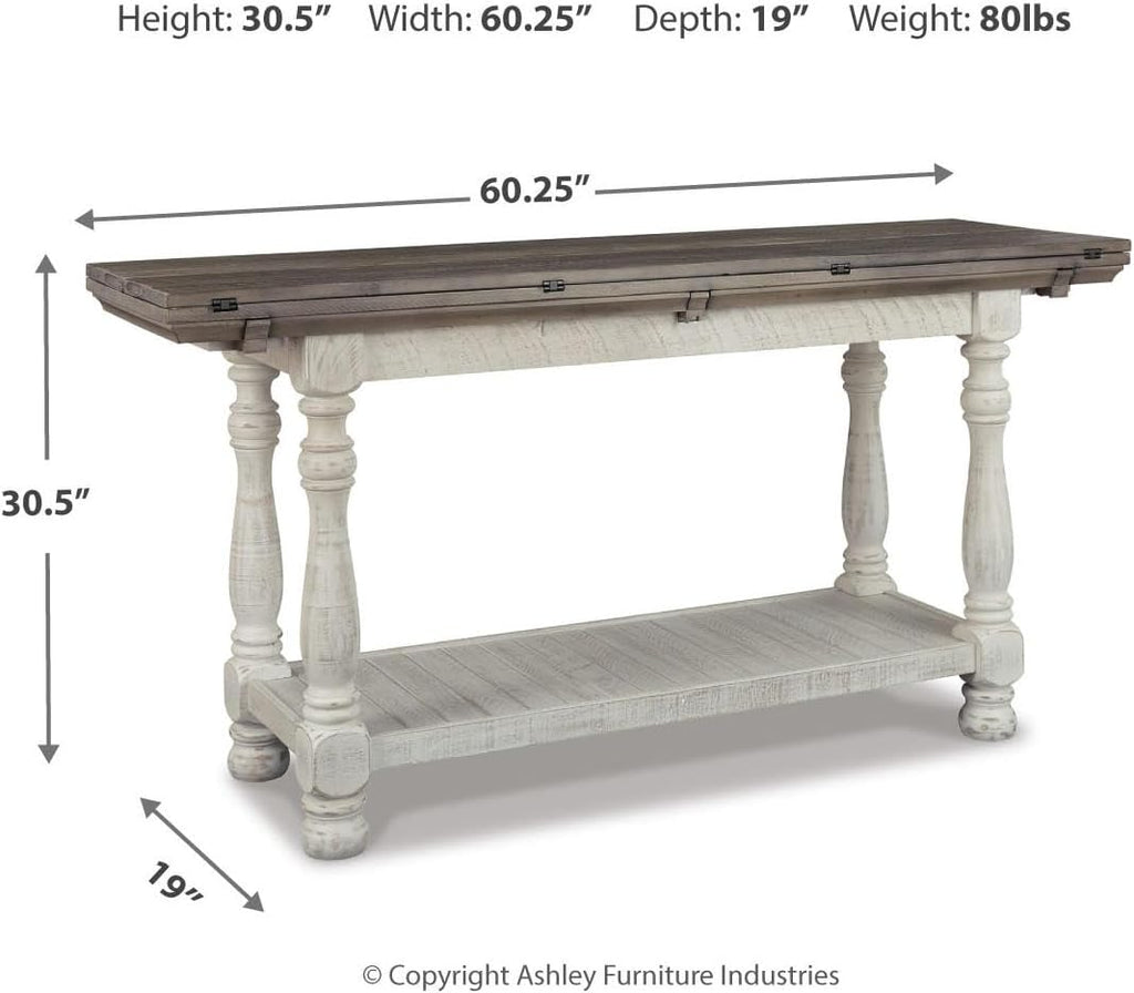 Signature Design by Ashley Havalance Farmhouse Sofa Table, Flip Top Design for Additional Dining Space and Fixed Lower Shelf, Gray & White with Weathered Finish