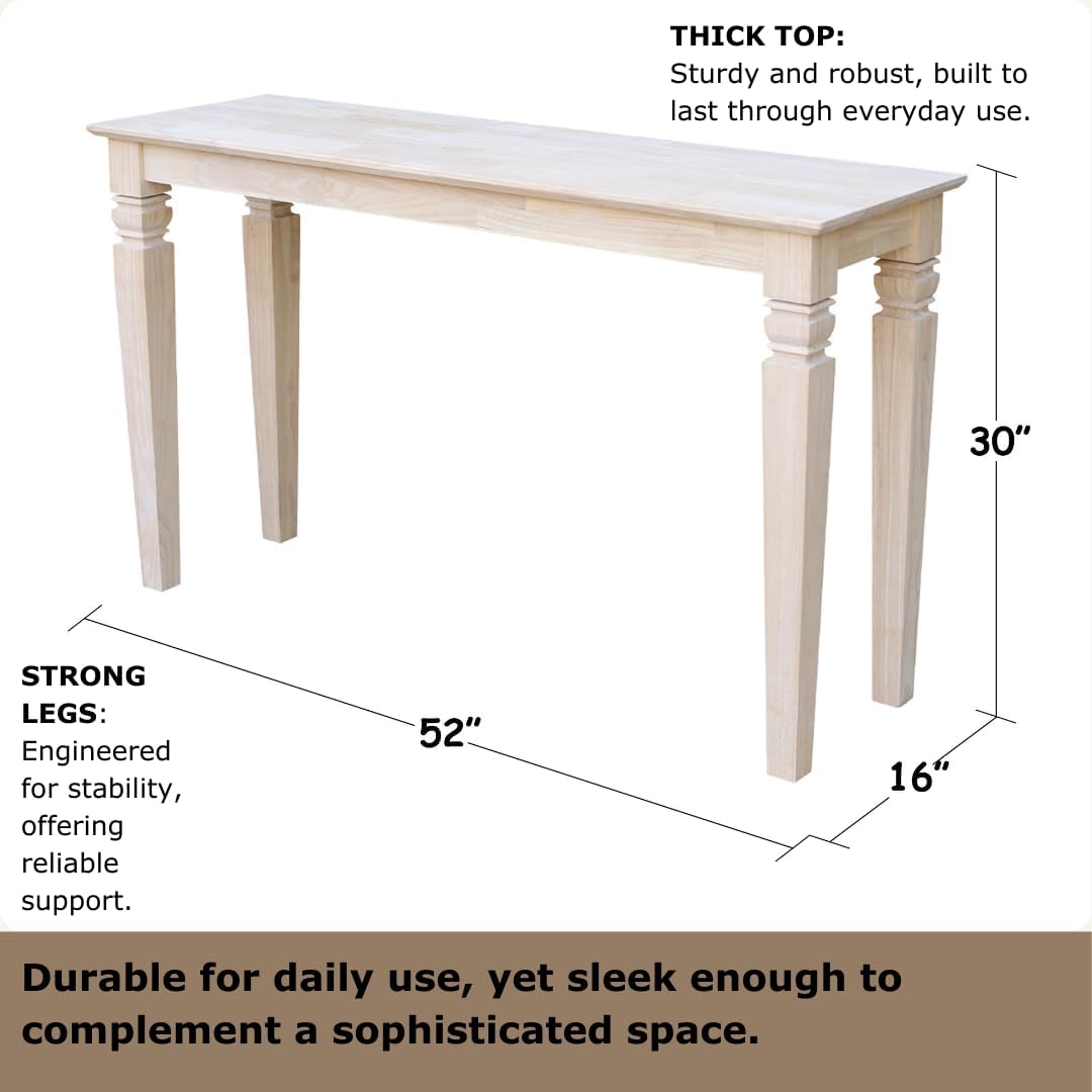 IC International Concepts, Java Console Table, Solid Real Wood, Sturdy Parawood, Living Room/Family Room/Entryway, 50LBS capacity, 52'W x 16'D x 30'H, Paint/Stain Ready, Unfinished