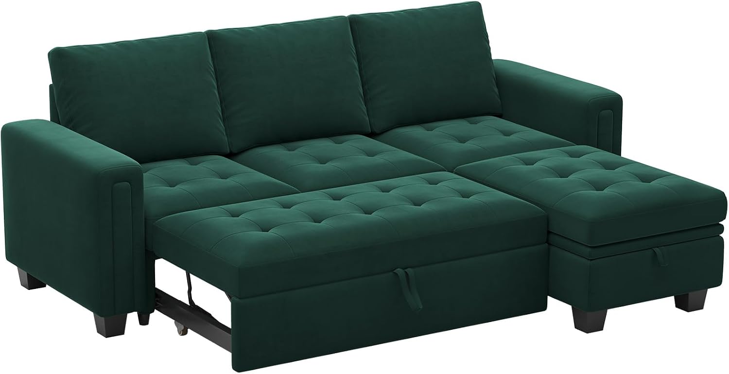 Belffin Sectional Sleeper Sofa with Pull Out Couch Bed Modular Sectional Sofa with Storage Velvet L Shaped Couch Sleeper Bed Green