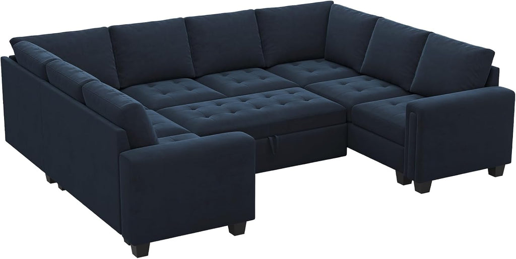 Belffin Modular U Shaped Sectional Sleeper Sofa with Pull Out Couch Bed Velvet Blue Couch