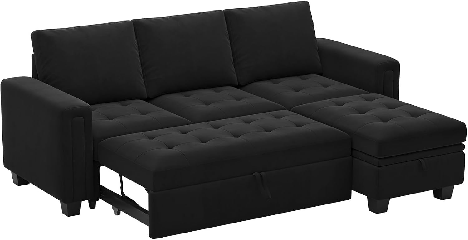 Belffin Sectional Sleeper Sofa with Pull Out Couch Bed Modular Sectional Sofa with Storage Velvet L Shaped Couch Sleeper Bed Black