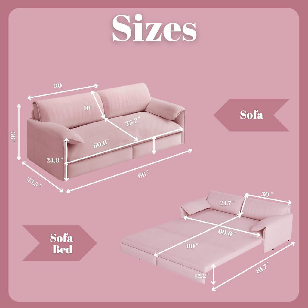 66' Convertible Pull-Out Couch Bed, Velvet 3-in-1 Queen-Size Sleeper Sofa with Storage Side Pockets, Sleeper Loveseat for Apartments, Living Rooms, Offices, RV