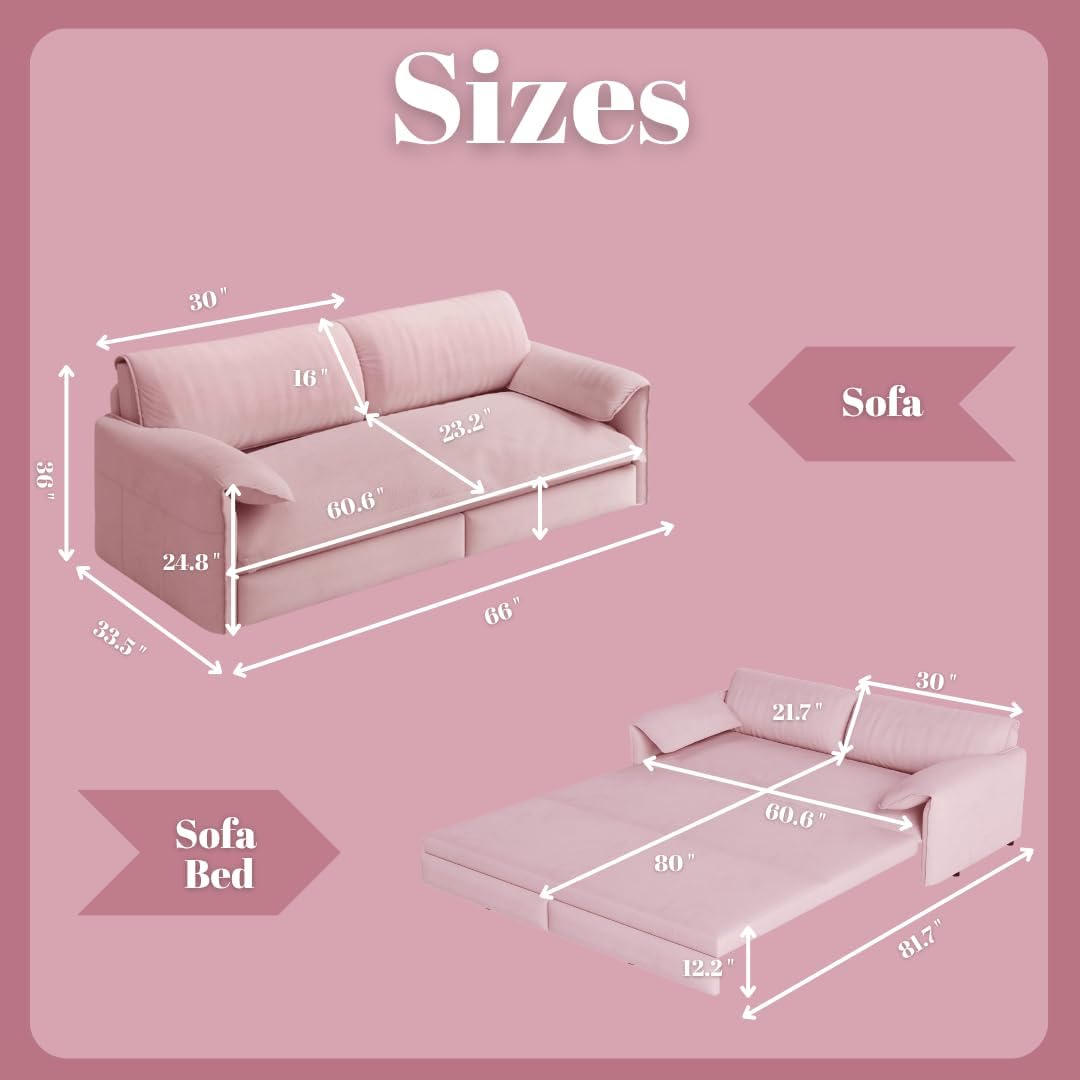 66' Convertible Pull-Out Couch Bed, Velvet 3-in-1 Queen-Size Sleeper Sofa with Storage Side Pockets, Sleeper Loveseat for Apartments, Living Rooms, Offices, RV