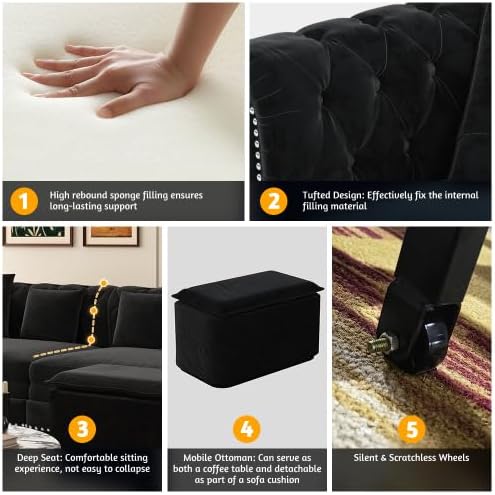 KEIKI 3-in-1 Velvet Chesterfield Sofa Bed with Ottoman, 89' Convertible King Size Sleeper Couch, Rolled Arm 3-Seater Sofa for Living Room or Bedroom, Black