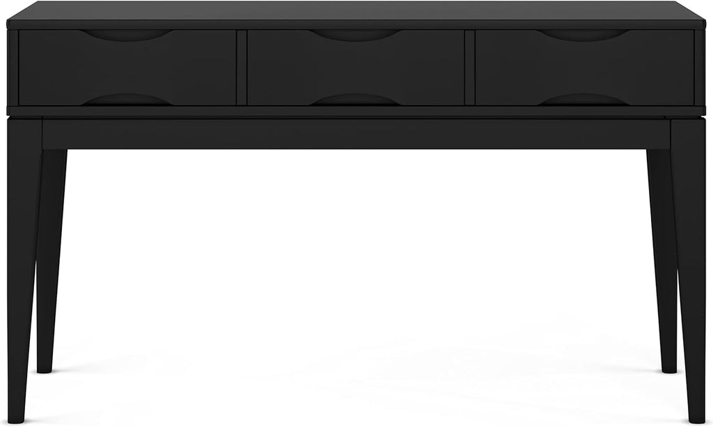 SIMPLIHOME Harper Console Table - 54 Inch Wide Solid Hardwood Sofa Table in Black, Mid-Century Modern Storage Table for Entryway or Living Room with 3 Drawers, Notched Handles, and Tapered Legs