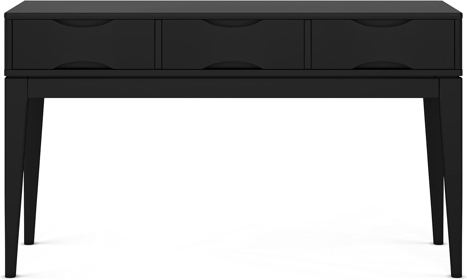 SIMPLIHOME Harper Console Table - 54 Inch Wide Solid Hardwood Sofa Table in Black, Mid-Century Modern Storage Table for Entryway or Living Room with 3 Drawers, Notched Handles, and Tapered Legs