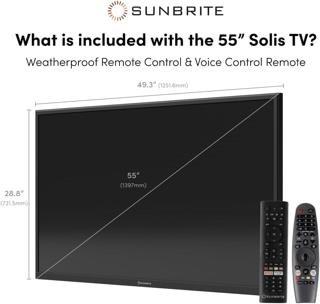 SunBrite 55' Solis Smart Outdoor Television, Full-Sun 4K TV, 1500-Nit Brightness, Anti-Glare Screen, IP55 Weatherproof, Wi-Fi Bluetooth, Integrated Speakers SB-FS-55-BL