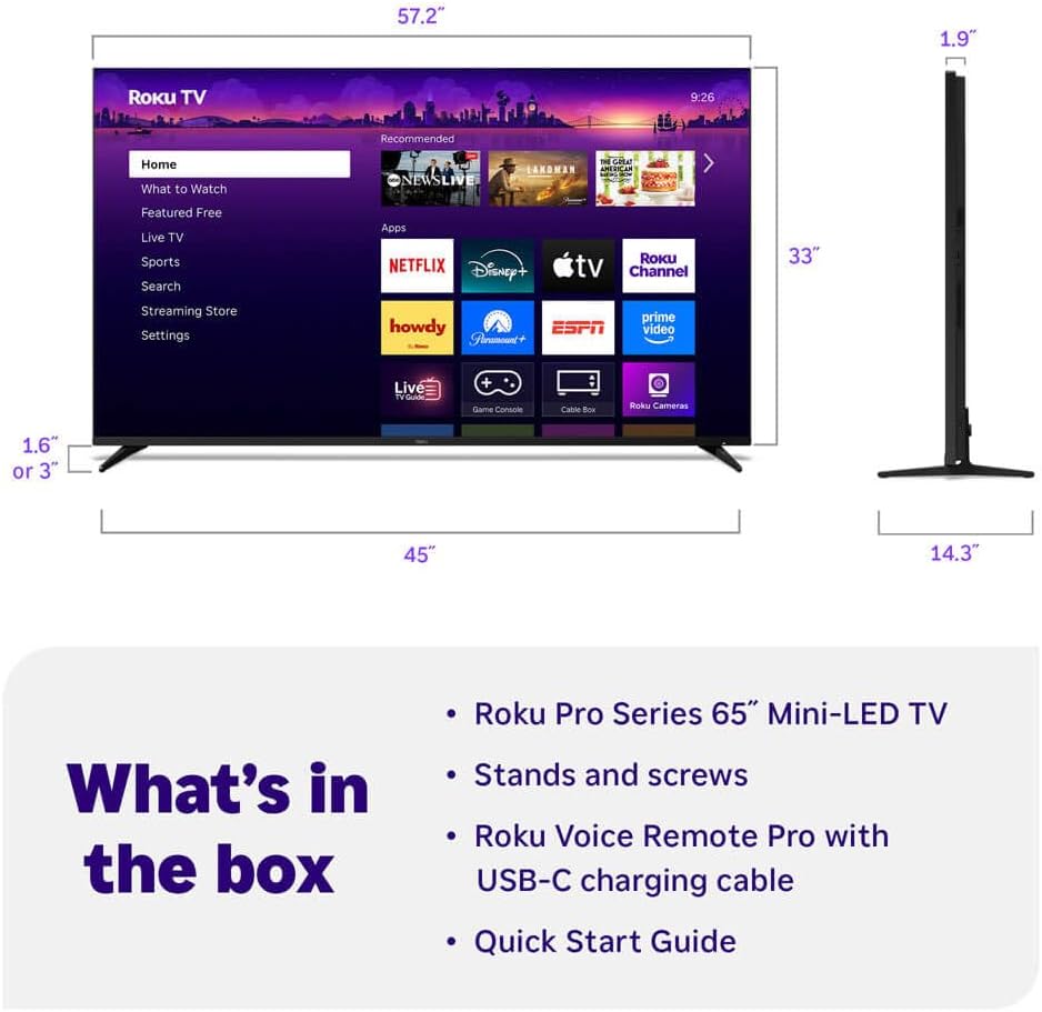 Roku 55 Inch Class Pro Series 4K QLED Mini-LED Smart TV with HDR, Voice Remote, Wi-Fi 6, Dolby Vision, 12 Month CPS Warranty, HDMI Cable and Screen Cleaner for Home Entertainment Streaming (65)