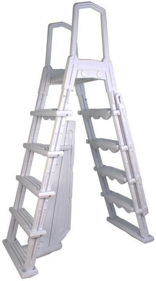 HYDROTOOLS By SWIMLINE 87975 Premium A-Frame Ladder Entry Exit System With Handrails For Above Ground Pools | 48 To 54 Inch Height | With Flip Up Ladder, Slide Lock Safety Barrier & XL Non Slip Treads