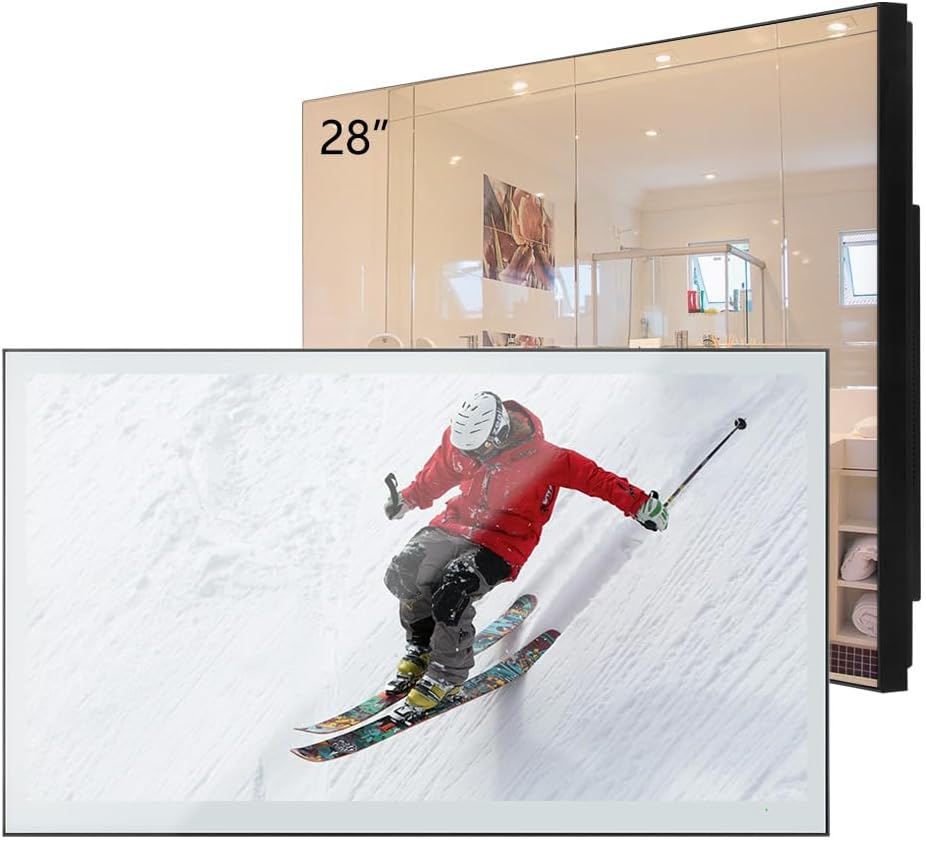 Soulaca 28 inches Smart Mirror 4K UHD TV IPX6 Waterproof for Bathroom Goo-Gle System WiFi Bluetooth Voice Control ATSC DTV Television Luxury Hotel Spa Salon Advertising