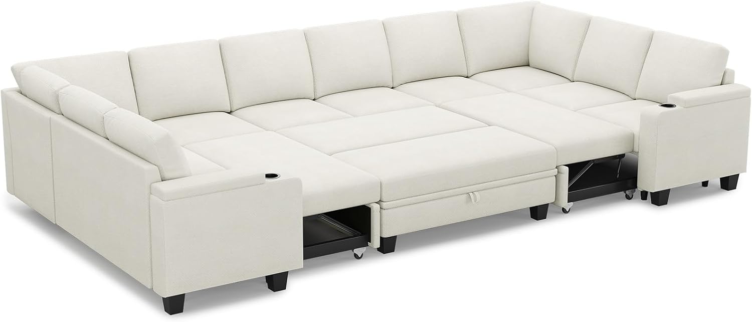 Belffin Large Modular Sectional Sleeper Sofa with Pull Out Bed Oversized U Shaped Sectional Couches for Living Room. White Couch
