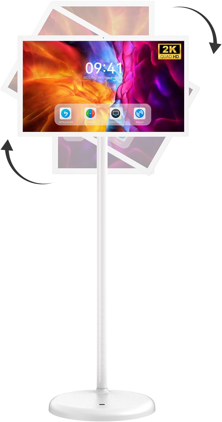 22 Inch Portable TV on Wheels, 2K Smart Touch Screen Rolling TV LCD Display with Wires plugged in use, Android OS, Type-C, USB, HDMI Port, Support Wireless Mouse Keyboard