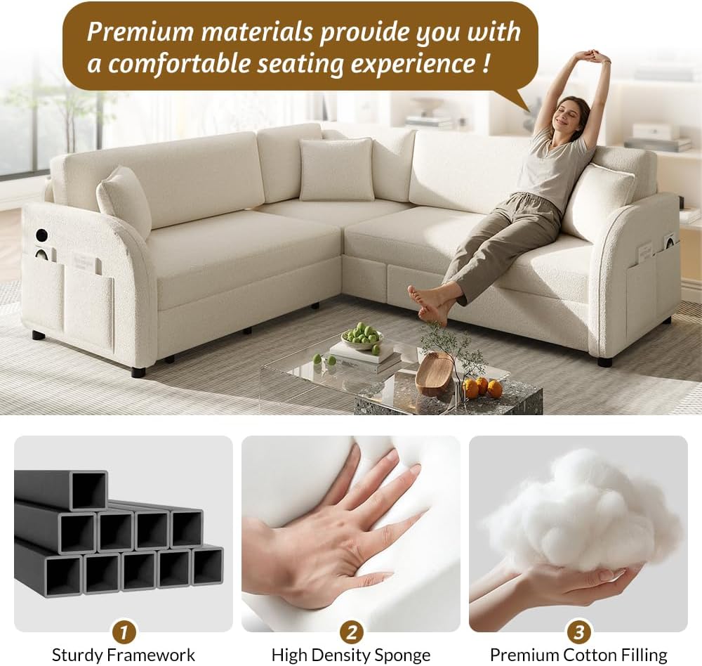 85.1'' Pull Out Couch Bed King Size, Convertible Sleeper Sofa, Upholstered 4-Seater L-Shaped Couch with Side Pockets, USB, 3 Pillows, Teddy Sectional Couches for Living Room, Apartment, Beige
