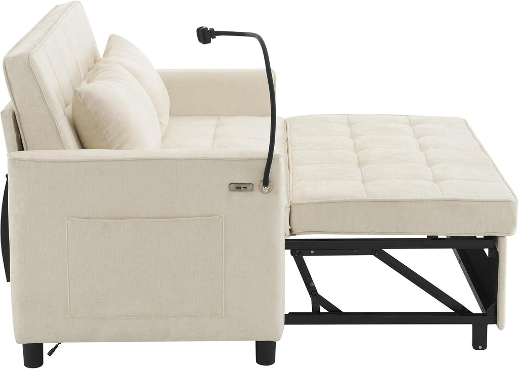 3 in 1 Convertible Sleeper Sofa Bed, 56.9' Small Pull Out Couch Bed with Adjustable Backrest, Chenille Loveseat Couches with Side Pocket, USB Ports&Phone Holder for Small Places (Beige)