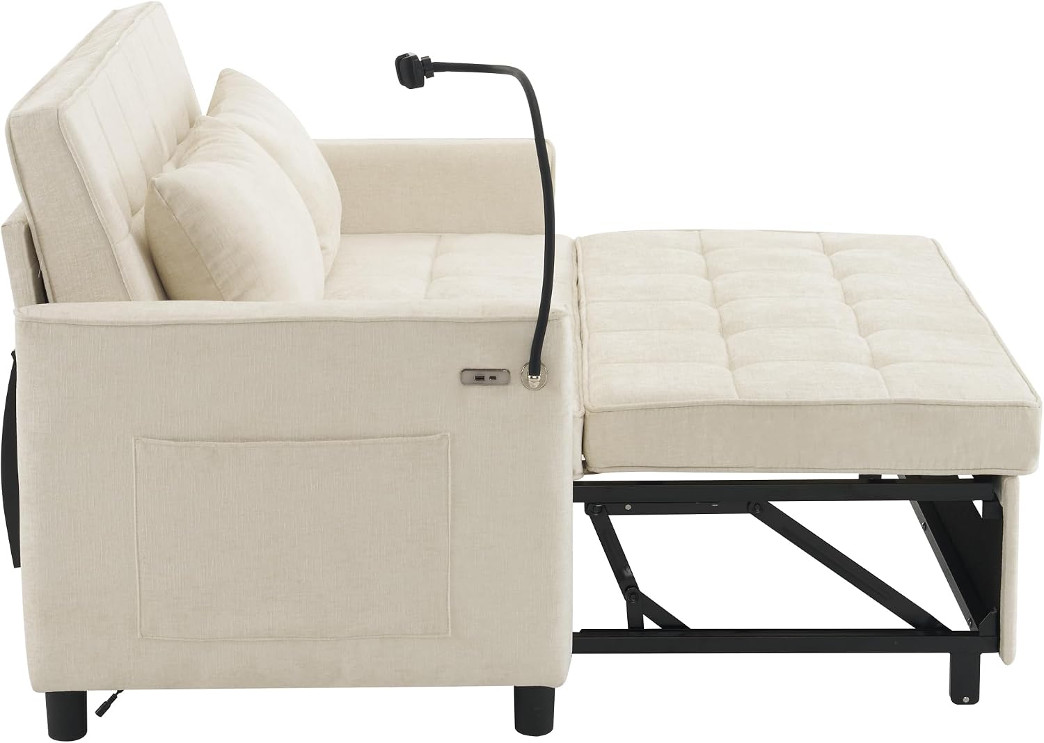 3 in 1 Convertible Sleeper Sofa Bed, 56.9' Small Pull Out Couch Bed with Adjustable Backrest, Chenille Loveseat Couches with Side Pocket, USB Ports&Phone Holder for Small Places (Beige)