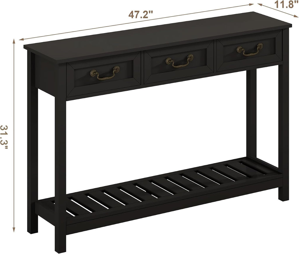 ChooChoo Console Table with 3 Drawers, Rustic Entryway Table, Narrow Long Sofa Table for Living Room, Hallway, Behind Couch, Black