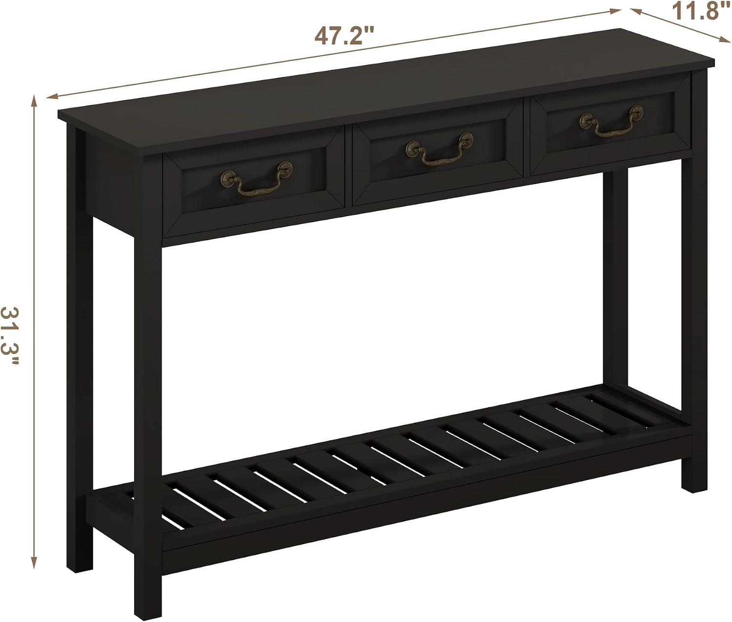 ChooChoo Console Table with 3 Drawers, Rustic Entryway Table, Narrow Long Sofa Table for Living Room, Hallway, Behind Couch, Black