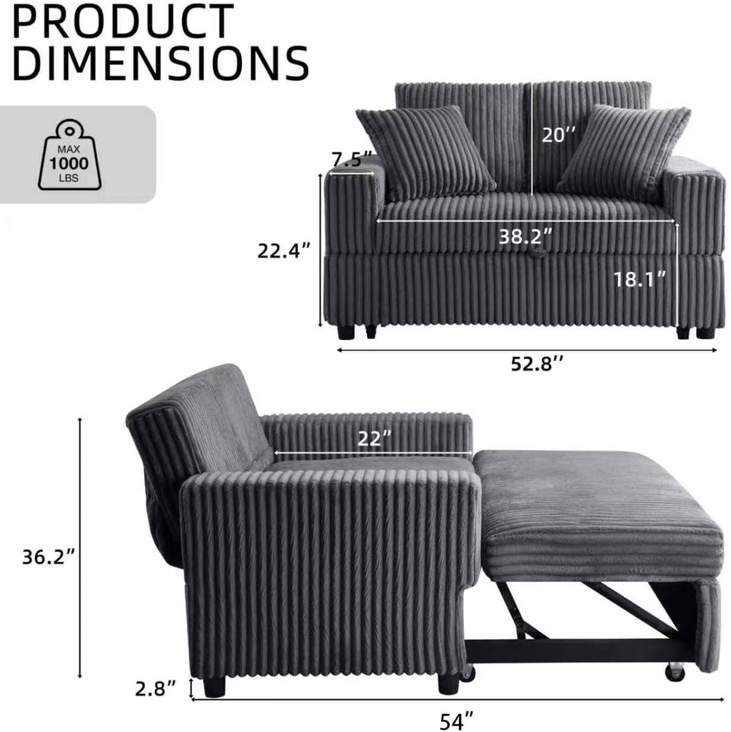 3 in 1 Convertible Sofa Bed，52.8' Pull Out Couch with Side Pockets，Modern Corduroy Fabric Loveseat Sleeper Sofa with Adjustable Backrest for Living Room Bedroom Apartment (Gray Corduroy)