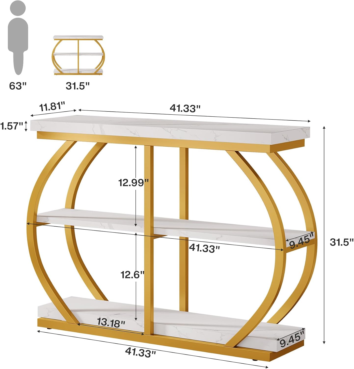 Tribesigns 41.3' Console Table, Industrial 3-Tier Entryway Table with Arched Metal Frame and Storage Shelves for Living Room, Hallway, White Gold