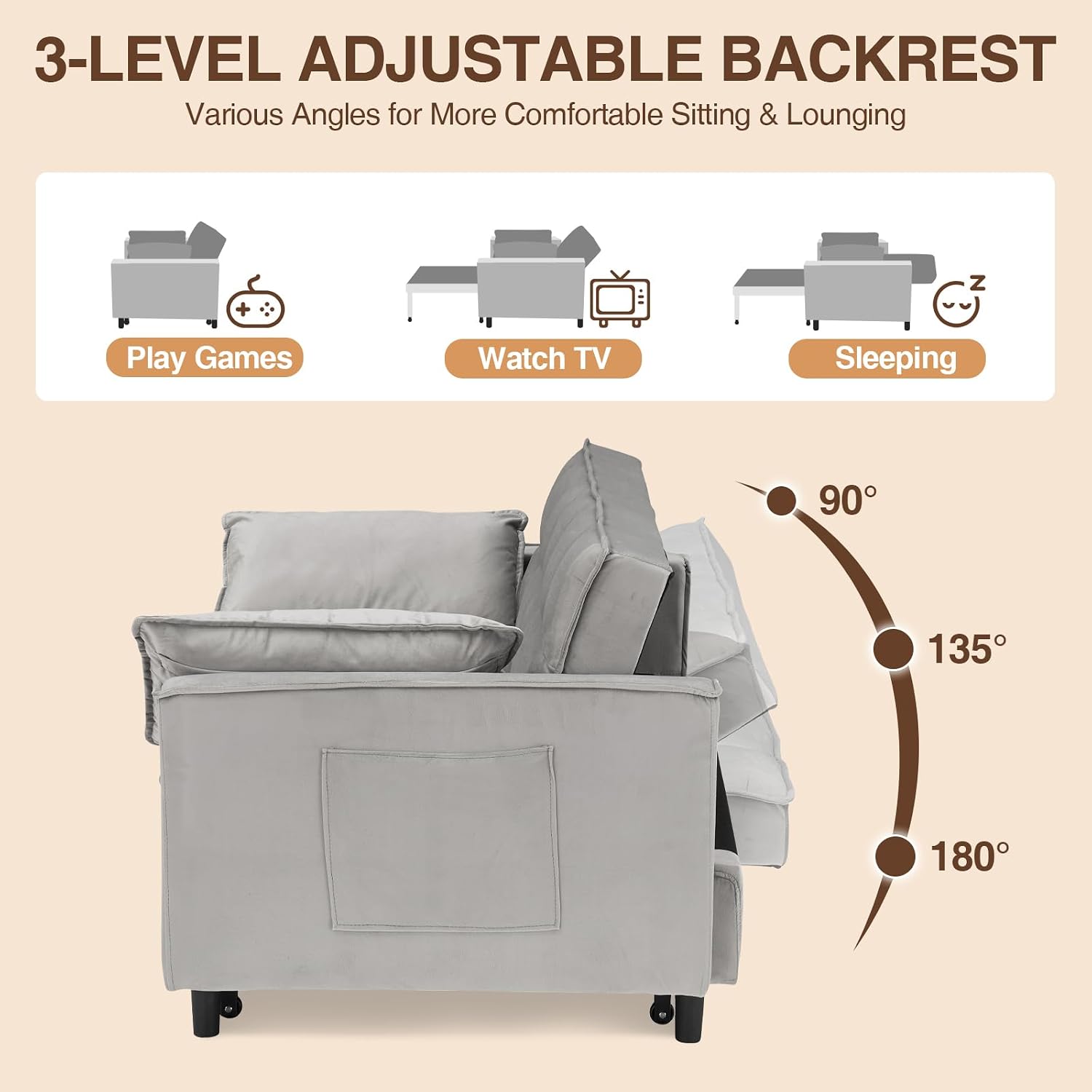 CAPCAEK 3 in 1 Convertible Sleeper Sofa Bed, Modern Velvet Loveseat Pull-Out Couch w/Pullout Bed, Small Love Seat Lounge Sofa w/Reclining Backrest,Toss Pillows, Pockets, for Living Room (Grey, 55.1)