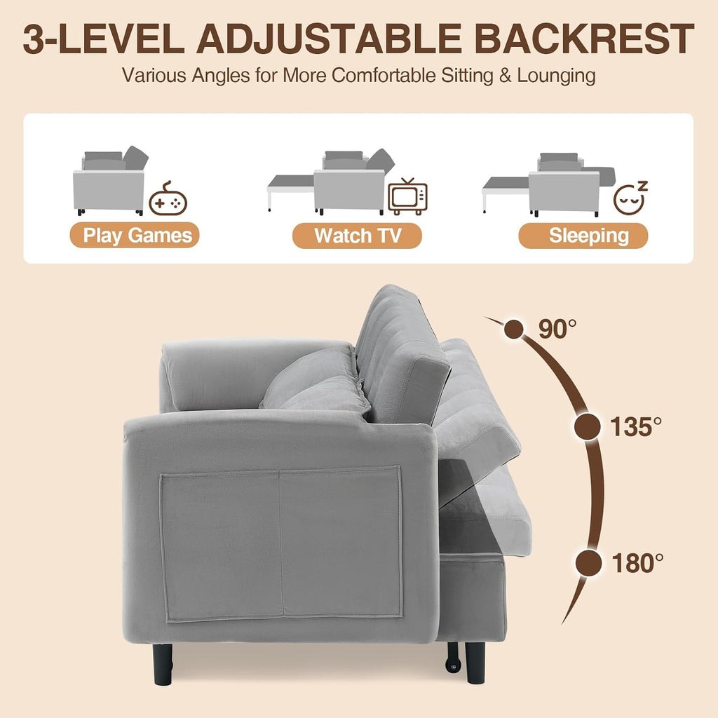 CAPCAEK 3 in 1 Convertible Sleeper Sofa Bed, Modern Velvet Loveseat Pull-Out Couch w/Pullout Bed, Small Love Seat Lounge Sofa w/Reclining Backrest,Toss Pillows, Pockets, for Living Room