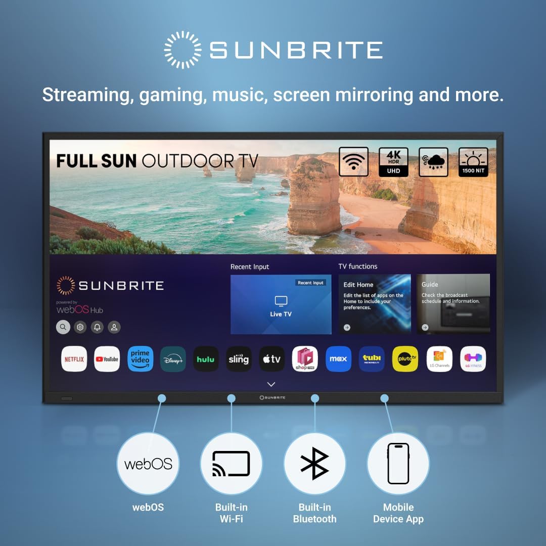 SunBrite 65' Solis Smart Outdoor Television, Full-Sun 4K TV, 1500-Nit Brightness, Anti-Glare Screen, IP55 Weatherproof, Wi-Fi Bluetooth, Integrated Speakers SB-FS-65-BL