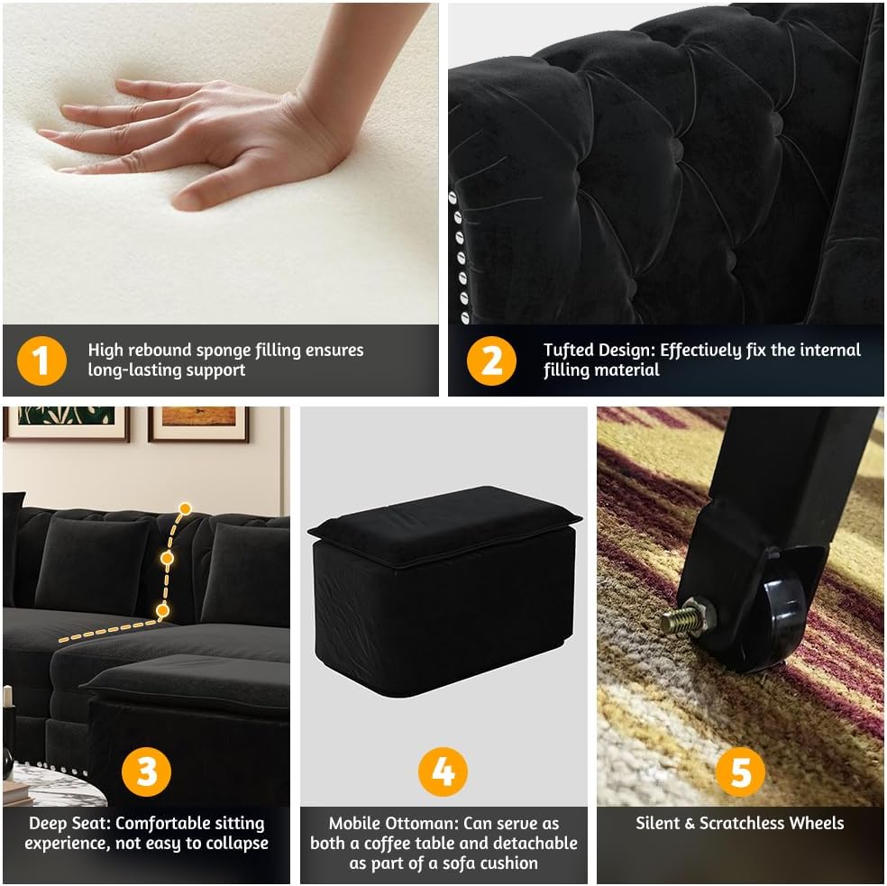 89'' Pull Out Sofa Bed King, Chesterfield Velvet Sleeper Sofa, Convertible L-Shaped Futon Couch, Tufted Back, 4 Pillows, Ottoman, Deep Seat Loveseat Couches for Apartment, Living Room, Black