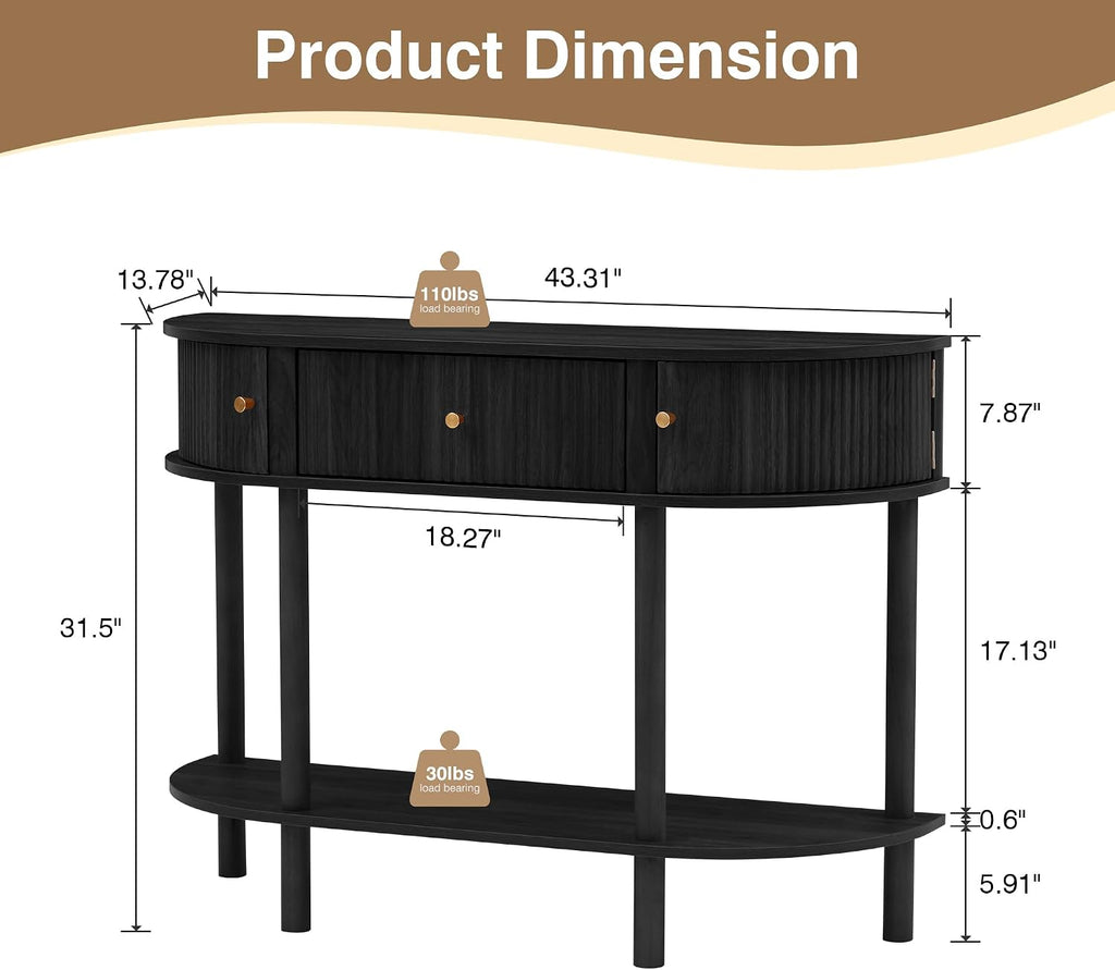 XUZENEST 43.3' Fluted Half Moon Console Table, Modern Entryway Console Sofa Table with Storage, Narrow Wood Accent Tables Behind Couch Tables for Living Room, Hallway, Foyer(Black)
