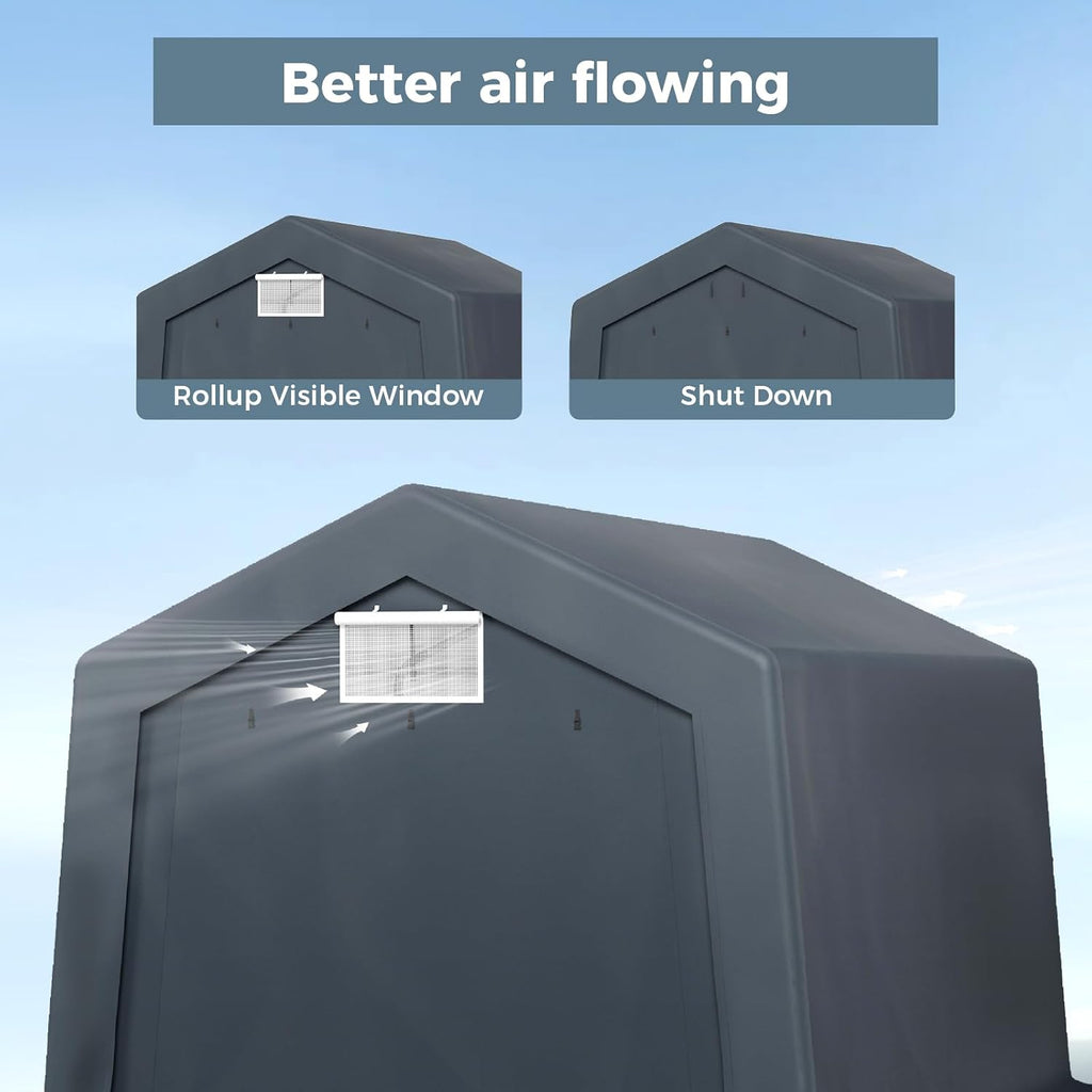 GREEN PARTY Storage Shelter Shed, 10x15 ft Portable Shed Outdoor Carport with Roll-up Zipper Door & Vents, Outdoor Storage Shed Portable Garage for Motorcycle, Bike, Waterproof & UV Protected, Gray