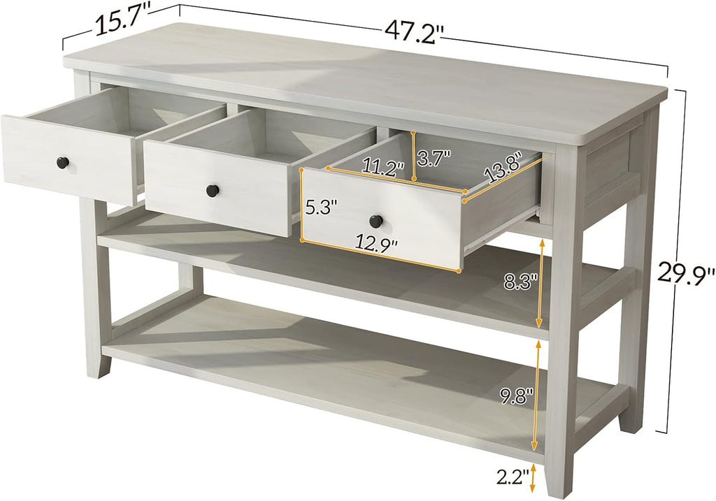 Karl home Console Table Entryway Desk, Sofa Side Table with 3 Drawers 2 Bottom Storage Shelves, Vintage TV Stand for Hallway Living Room Office, Antique White 29.9' H