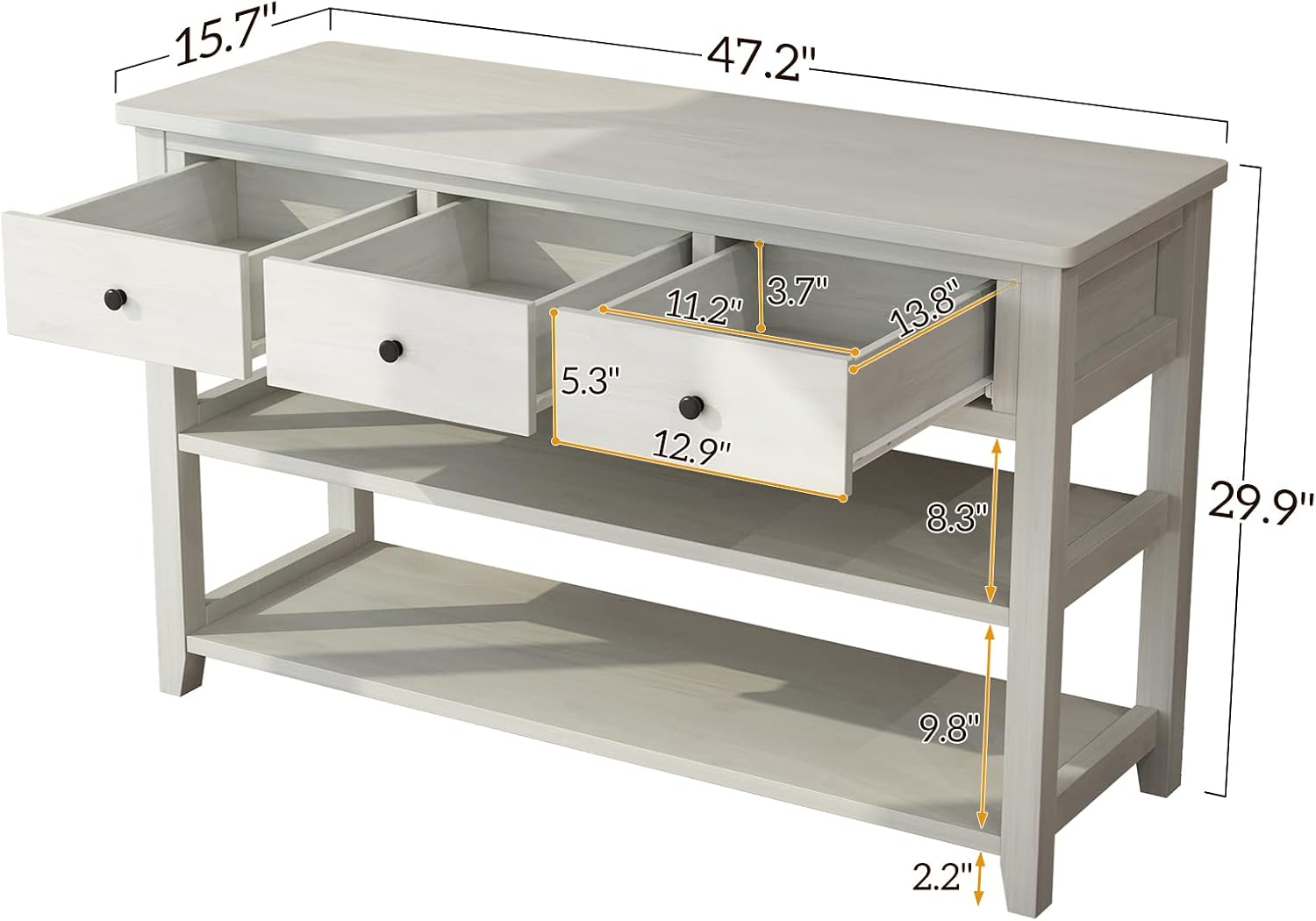 Karl home Console Table Entryway Desk, Sofa Side Table with 3 Drawers 2 Bottom Storage Shelves, Vintage TV Stand for Hallway Living Room Office, Antique White 29.9' H