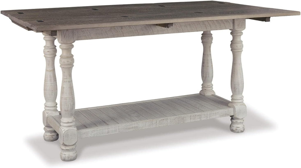 Signature Design by Ashley Havalance Farmhouse Sofa Table, Flip Top Design for Additional Dining Space and Fixed Lower Shelf, Gray & White with Weathered Finish