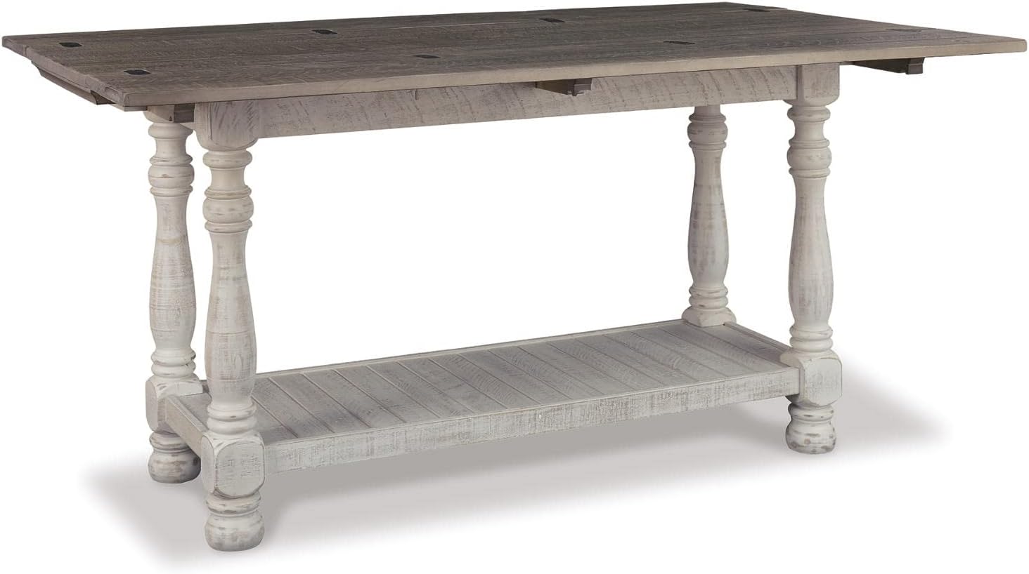 Signature Design by Ashley Havalance Farmhouse Sofa Table, Flip Top Design for Additional Dining Space and Fixed Lower Shelf, Gray & White with Weathered Finish